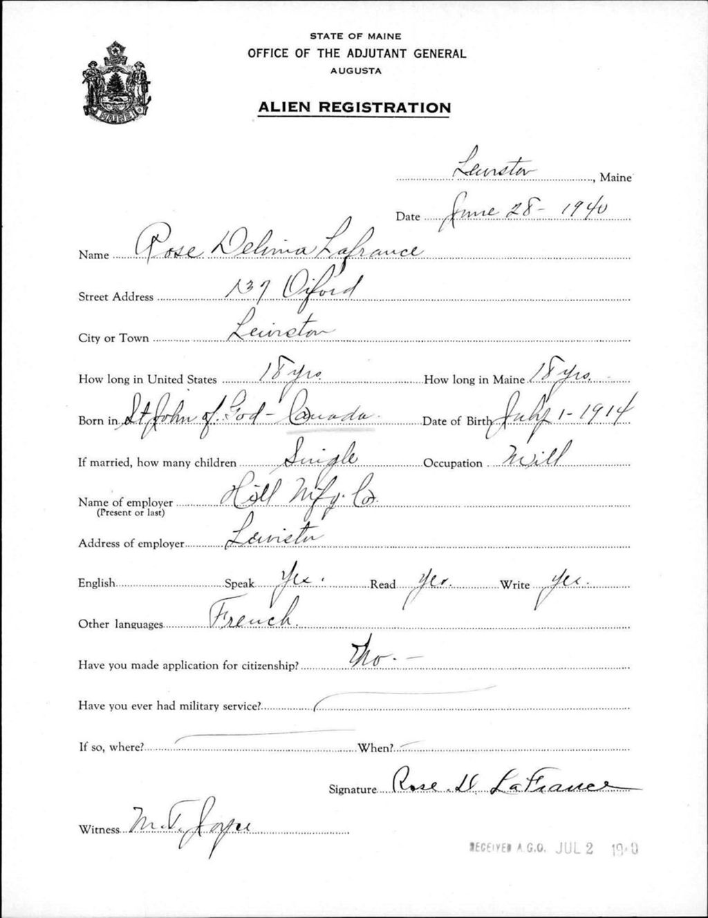 Miniature of Alien Registration- Lafrance, Rose D. (Lewiston, Androscoggin County)