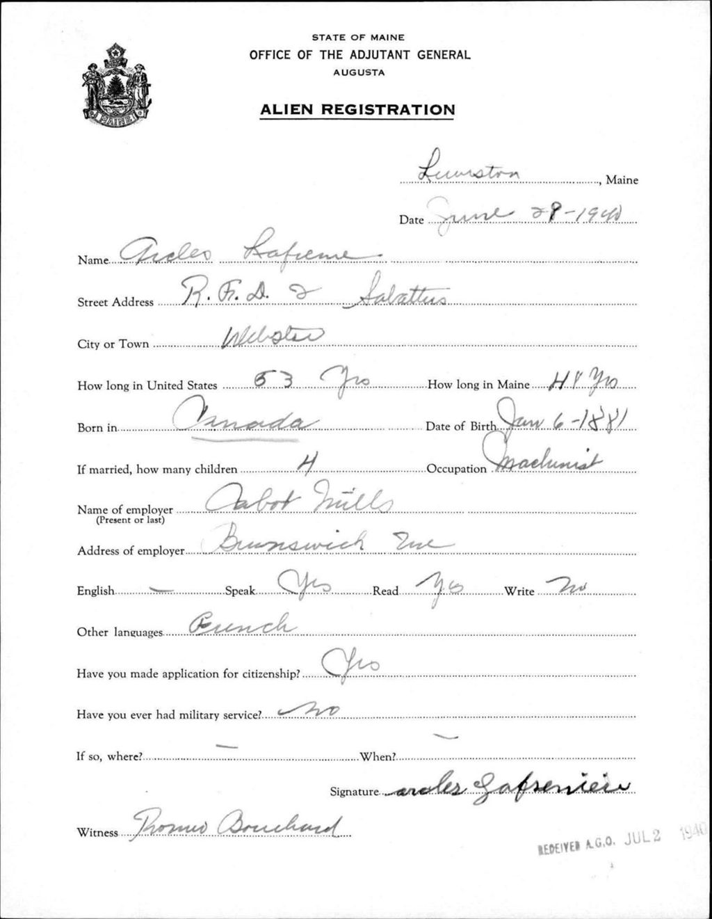 Miniature of Alien Registration- Lafreniere, Arcles (Lewiston, Androscoggin County)
