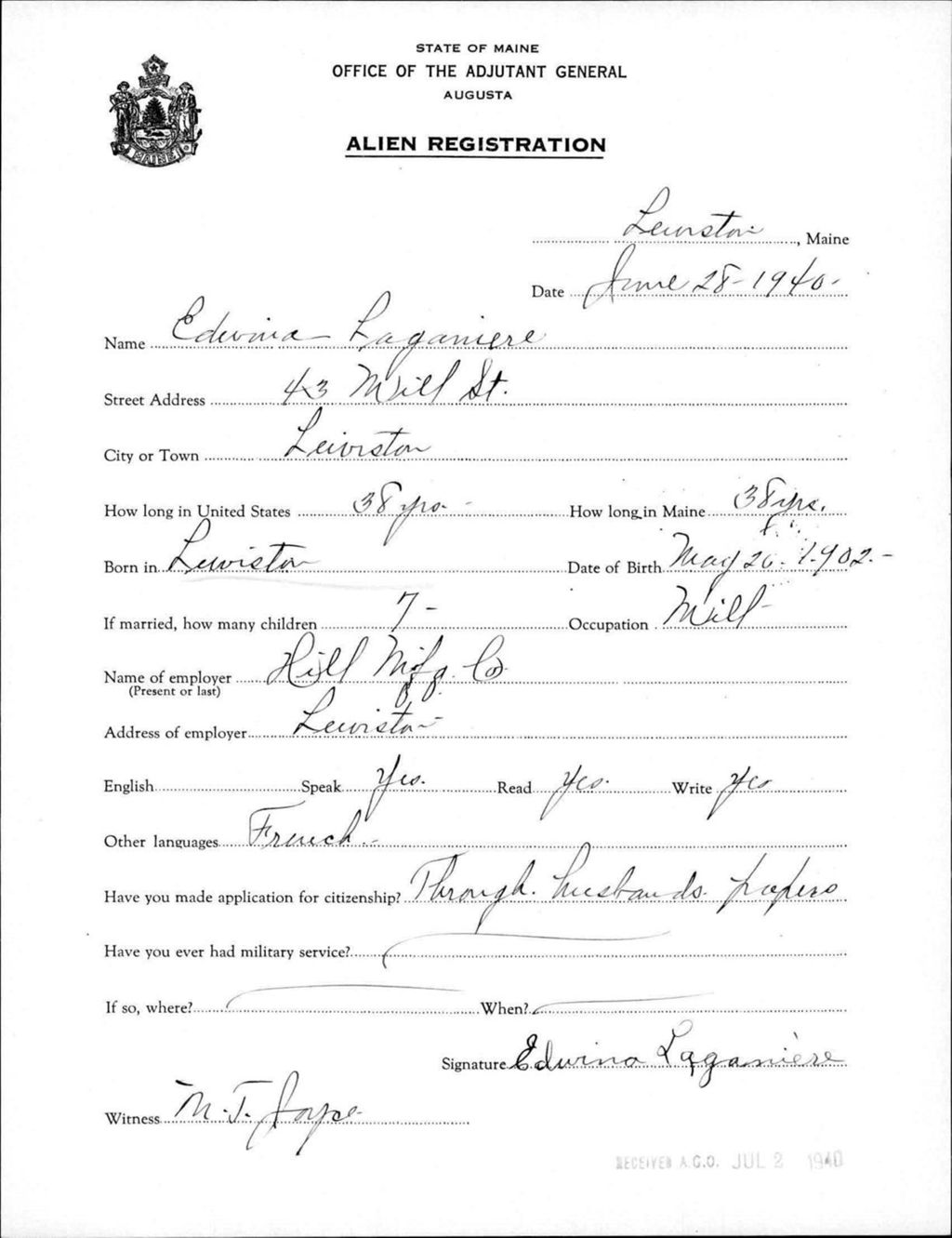 Miniature of Alien Registration- Laganiere, Edwina (Lewiston, Androscoggin County)