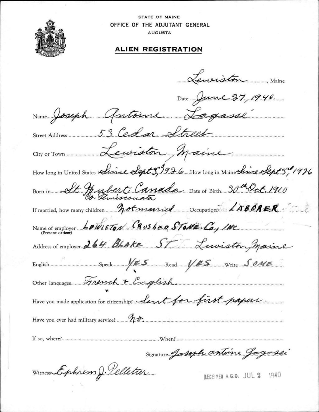 Miniature of Alien Registration- Lagasse, Joseph A. (Lewiston, Androscoggin County)