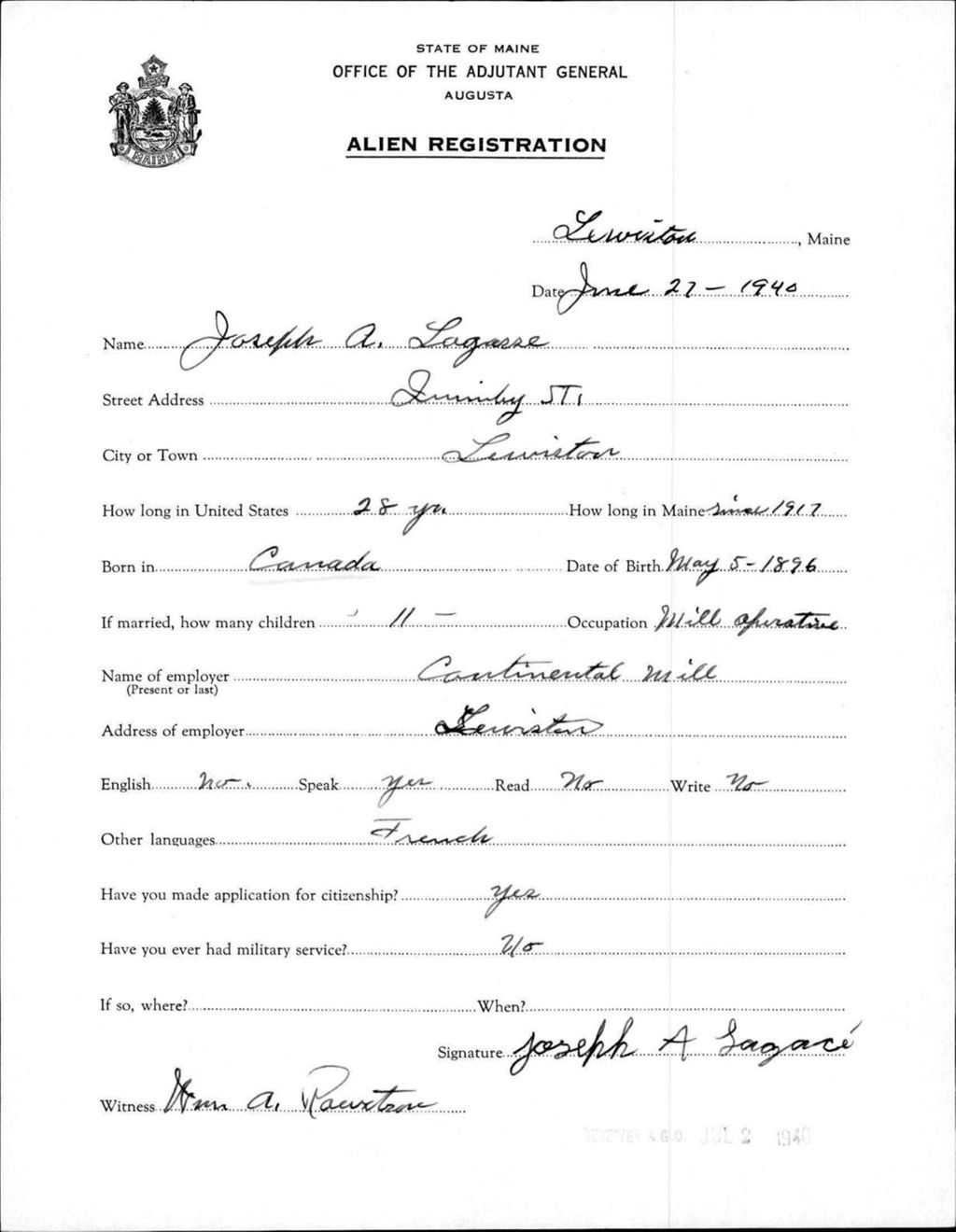 Miniature of Alien Registration- Lagasse, Joseph A. (Lewiston, Androscoggin County)