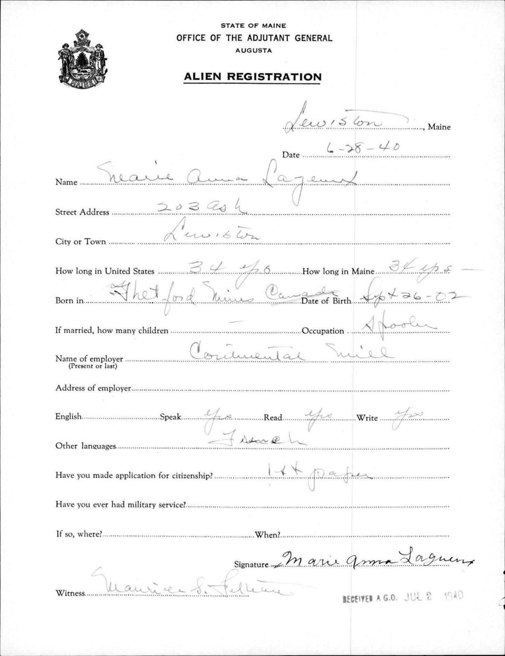 Miniature of Alien Registration- Lagueux, Marie A. (Lewiston, Androscoggin County)