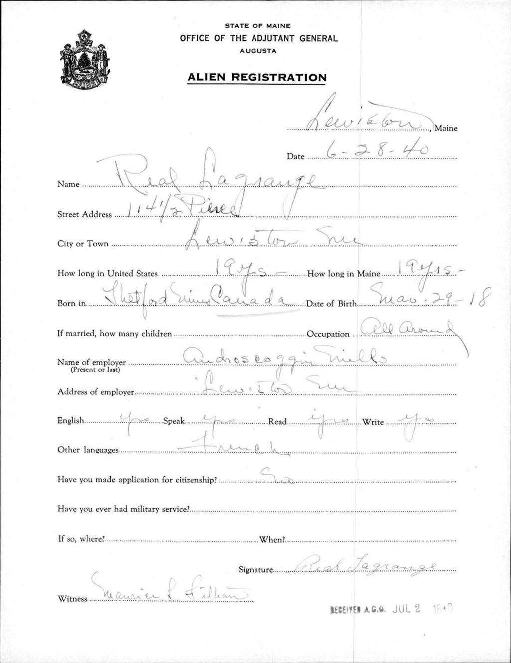 Miniature of Alien Registration- Lagrange, Real (Lewiston, Androscoggin County)
