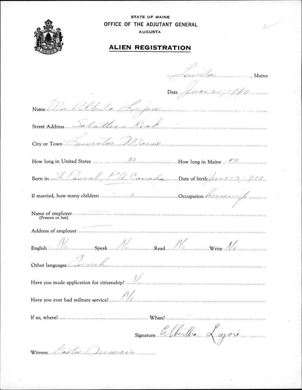 Miniature of Alien Registration- Lajoie, Alberta (Lewiston, Androscoggin County)