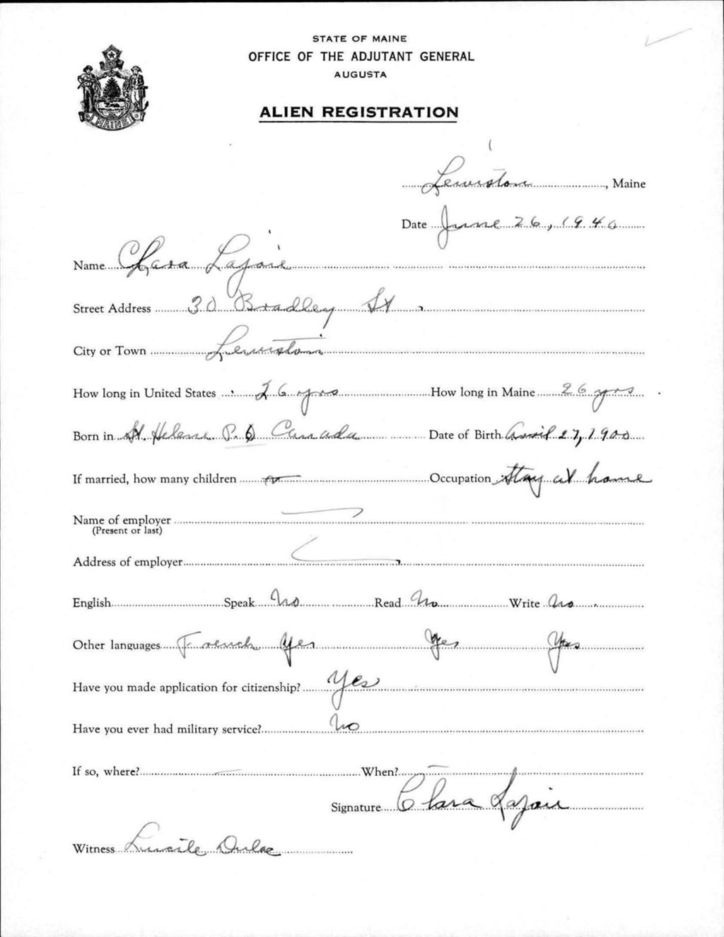Miniature of Alien Registration- Lajoie, Clara (Lewiston, Androscoggin County)