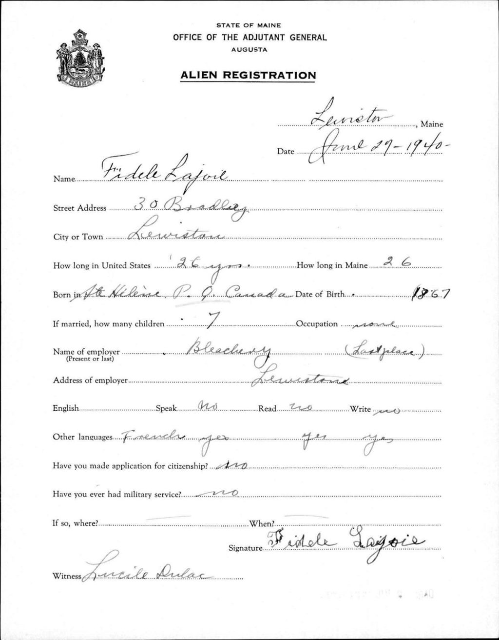 Miniature of Alien Registration- Lajoie, Fidele (Lewiston, Androscoggin County)