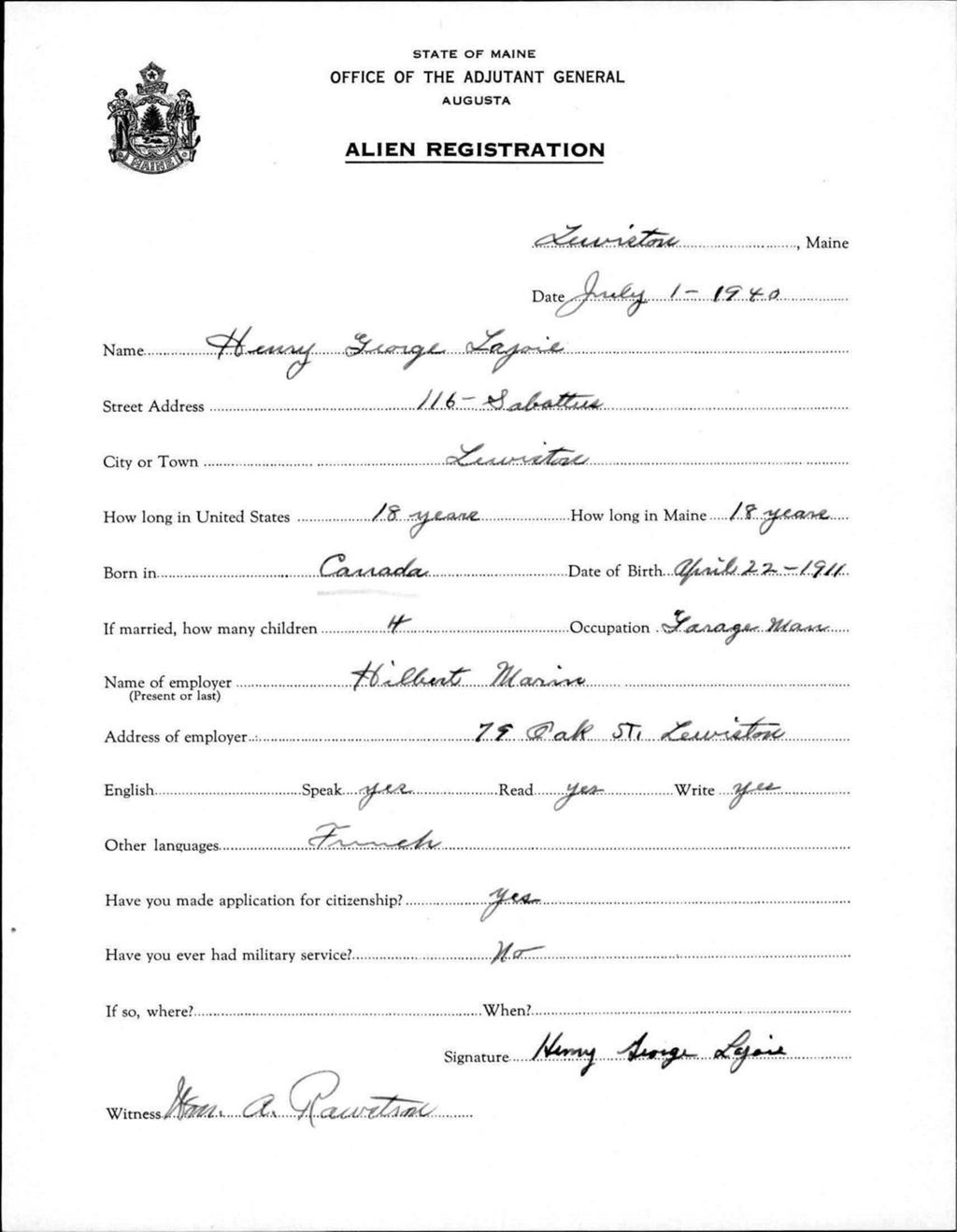 Miniature of Alien Registration- Lajoie, Henry G. (Lewiston, Androscoggin County)