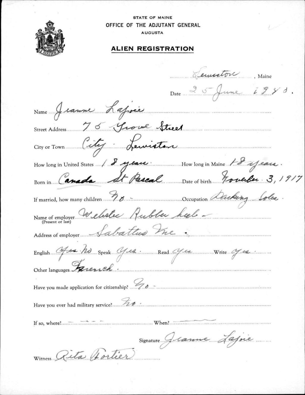 Miniature of Alien Registration- Lajoie, Jeanne (Lewiston, Androscoggin County)