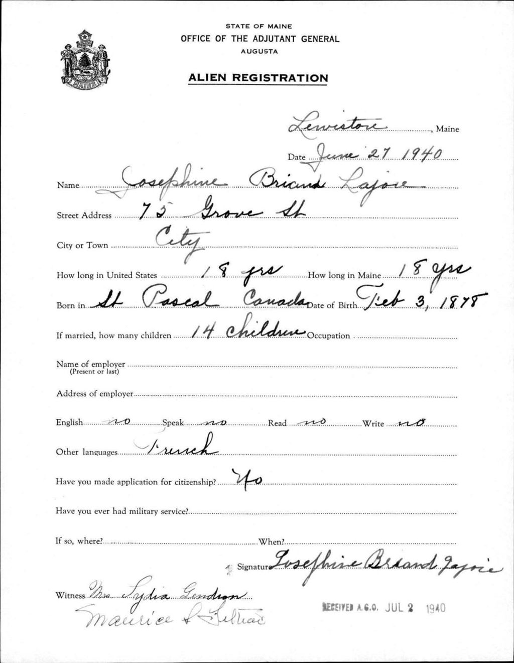 Miniature of Alien Registration- Lajoie, Josephine B. (Lewiston, Androscoggin County)