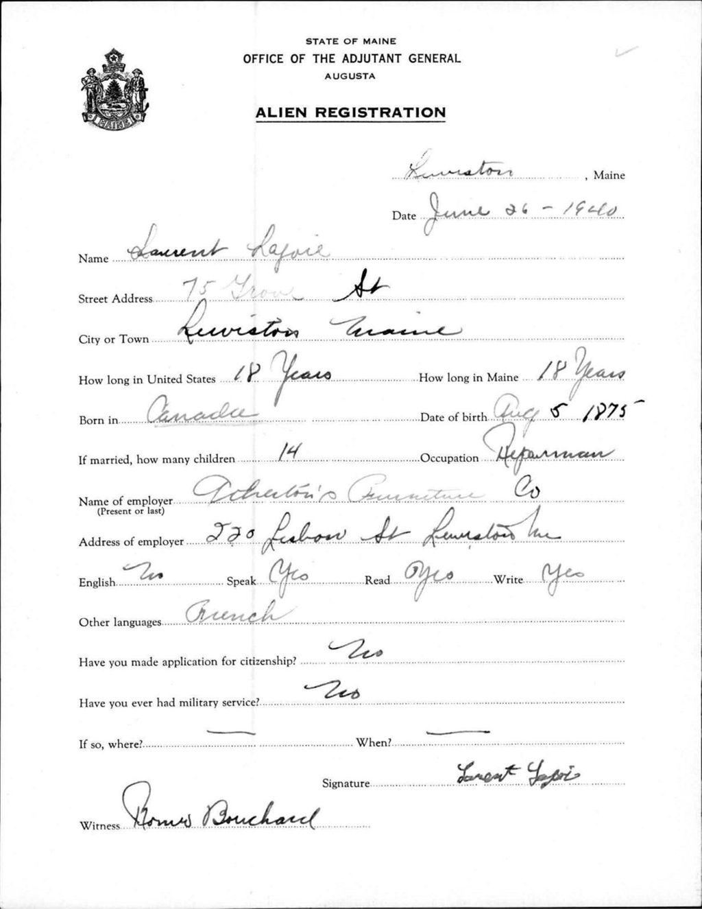 Miniature of Alien Registration- Lajoie, Laurent (Lewiston, Androscoggin County)