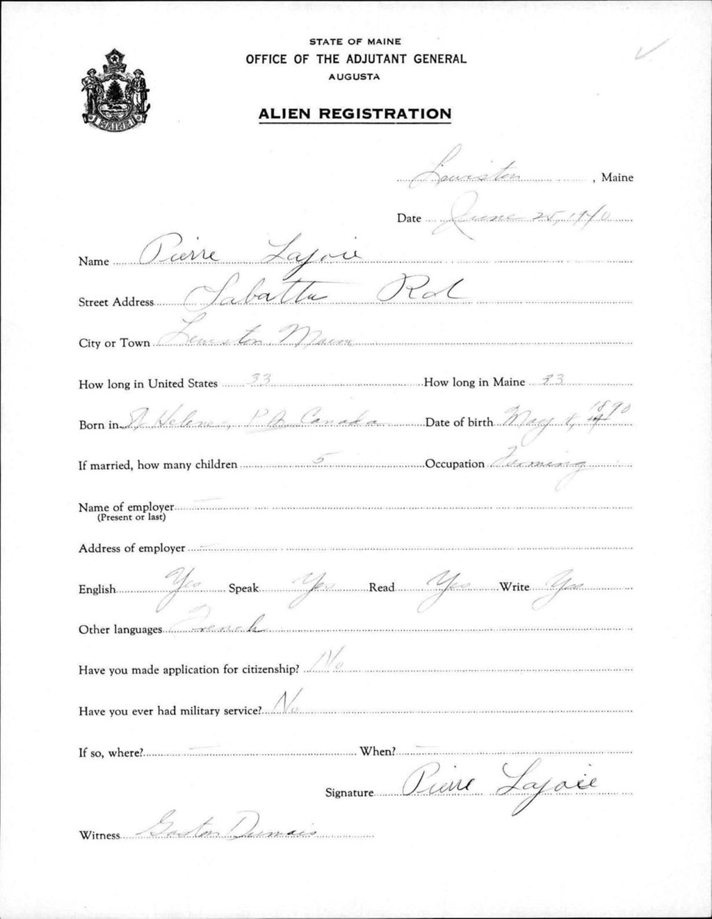 Miniature of Alien Registration- Lajoie, Pierre (Lewiston, Androscoggin County)