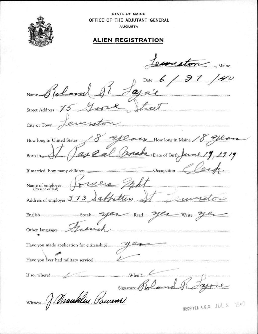 Miniature of Alien Registration- Lajoie, Roland R. (Lewiston, Androscoggin County)