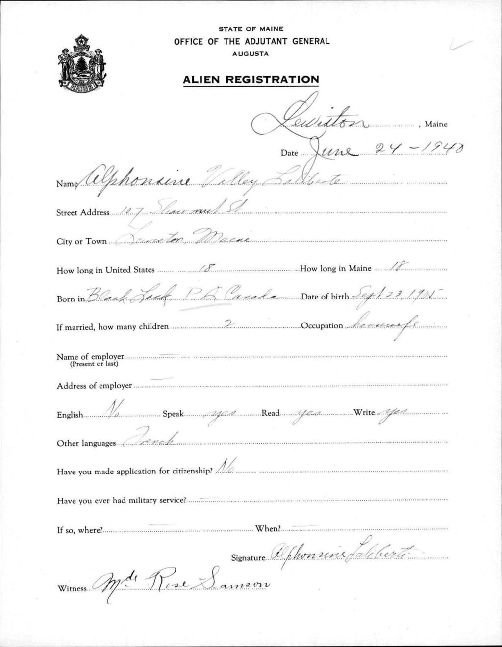 Miniature of Alien Registration- Valley, Alphonsine (Lewiston, Androscoggin County)
