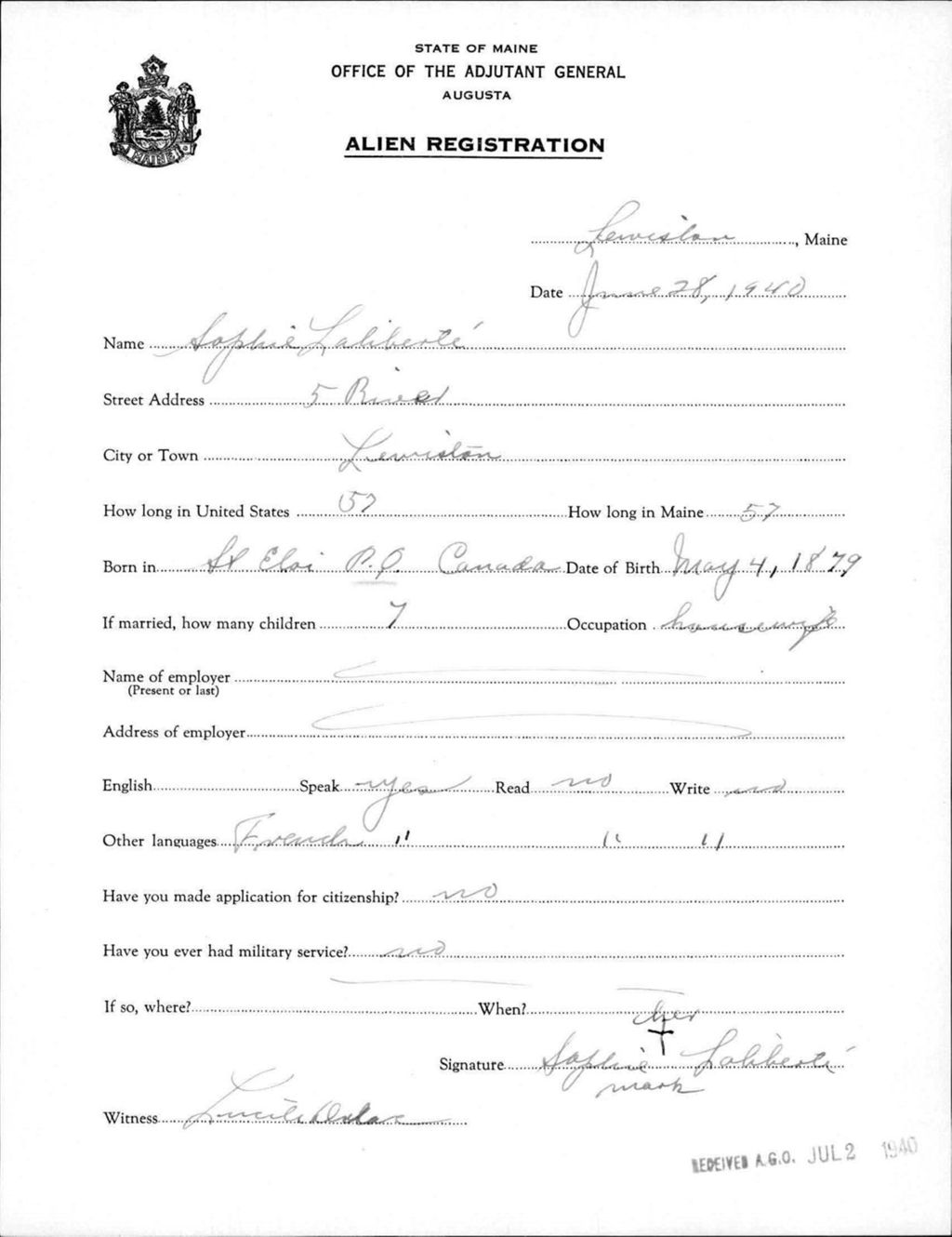 Miniature of Alien Registration- Laliberte, Sophie (Lewiston, Androscoggin County)