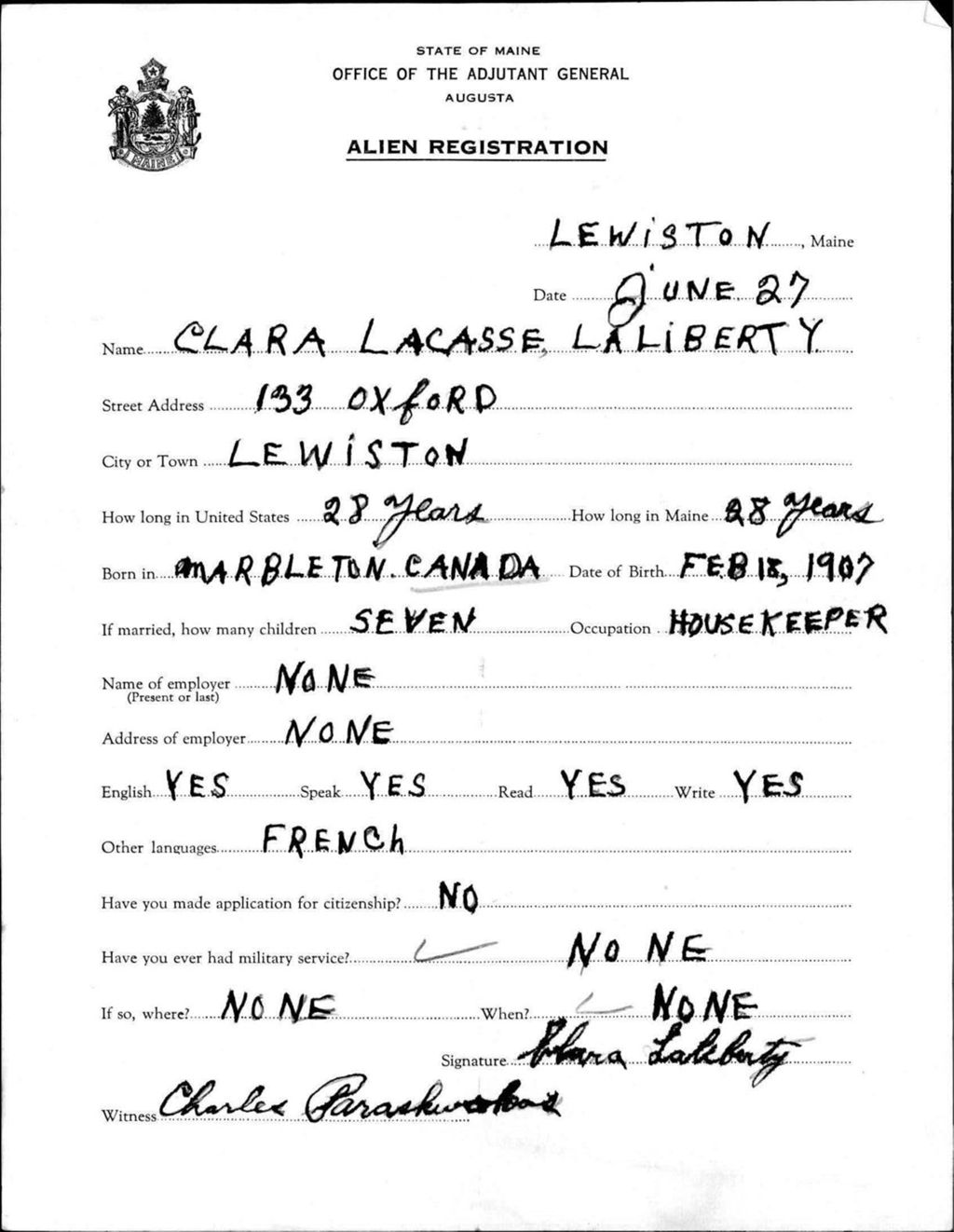 Miniature of Alien Registration- Lacasse, Clara (Lewiston, Androscoggin County)