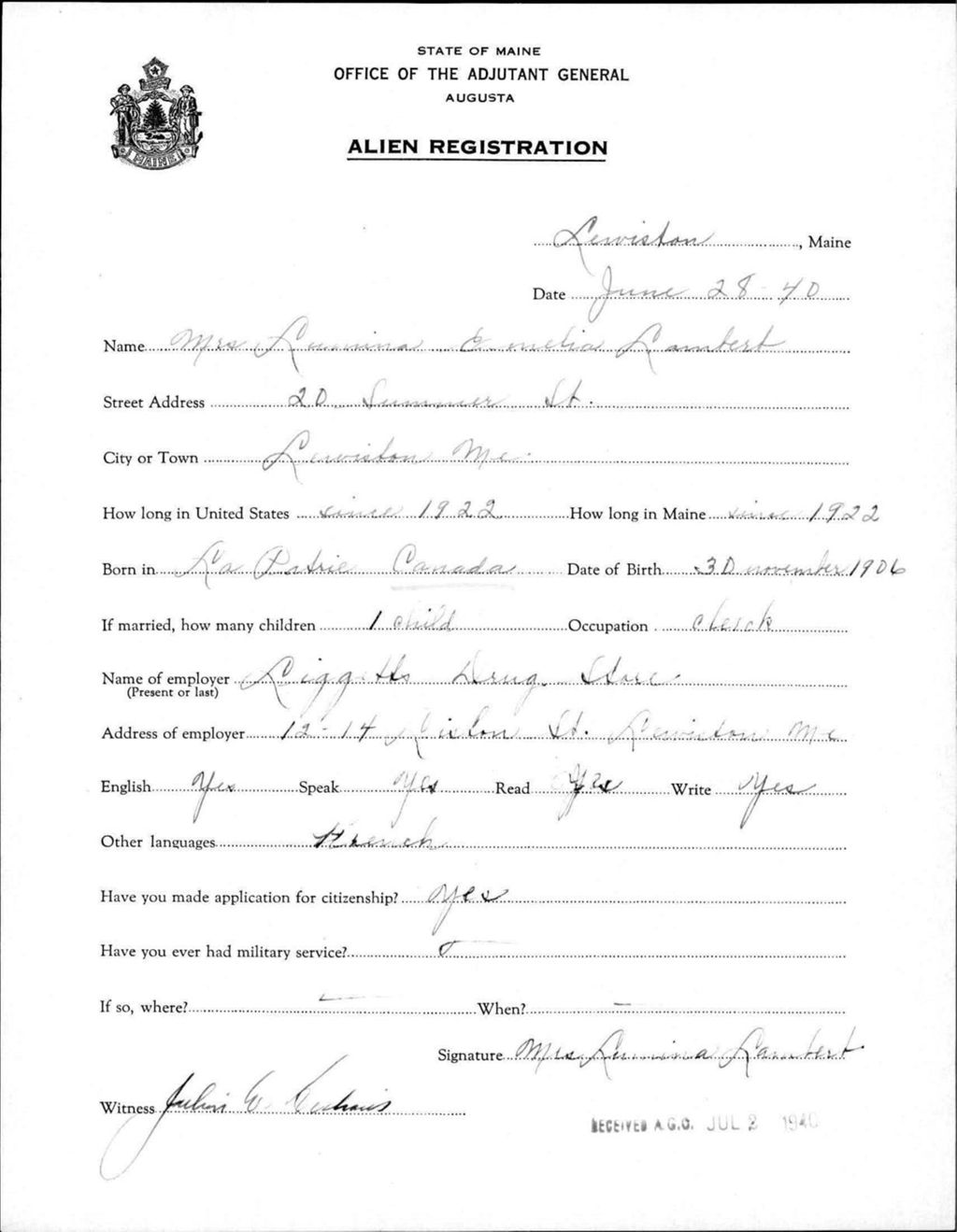 Miniature of Alien Registration- Lambert, Lumina E. (Lewiston, Androscoggin County)