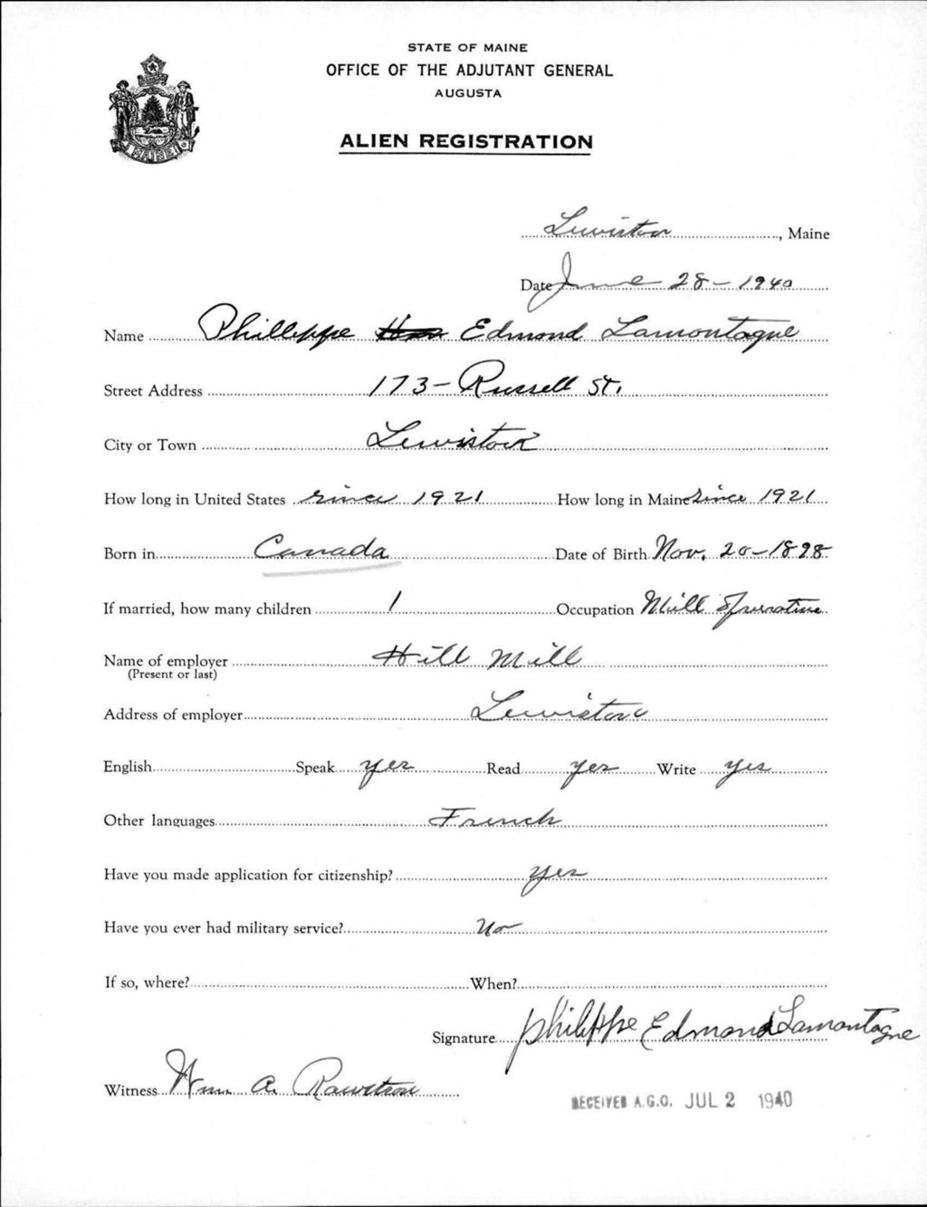 Miniature of Alien Registration- Lamontagne, Philleppe E. (Lewiston, Androscoggin County)