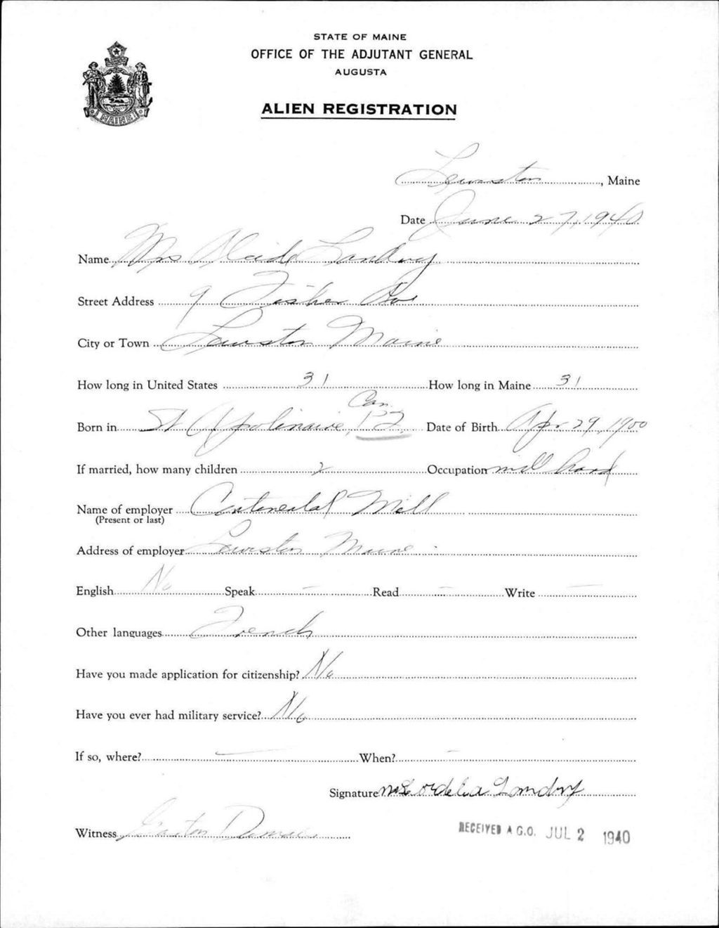 Miniature of Alien Registration- Landry, Alcide (Lewiston, Androscoggin County)