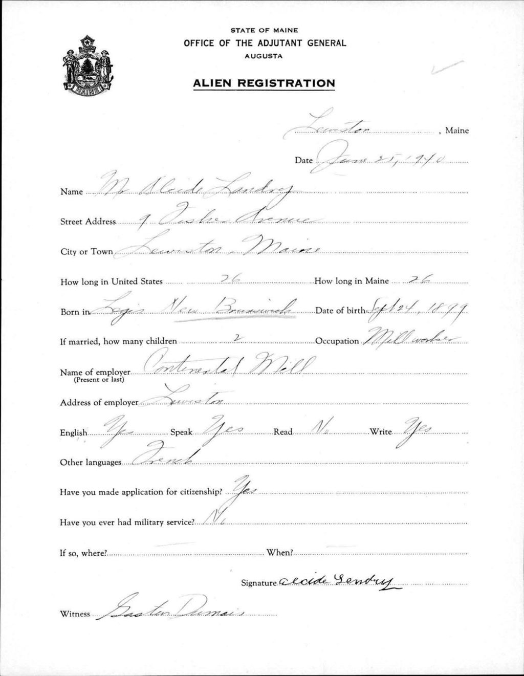 Miniature of Alien Registration- Landry, Alcide (Lewiston, Androscoggin County)