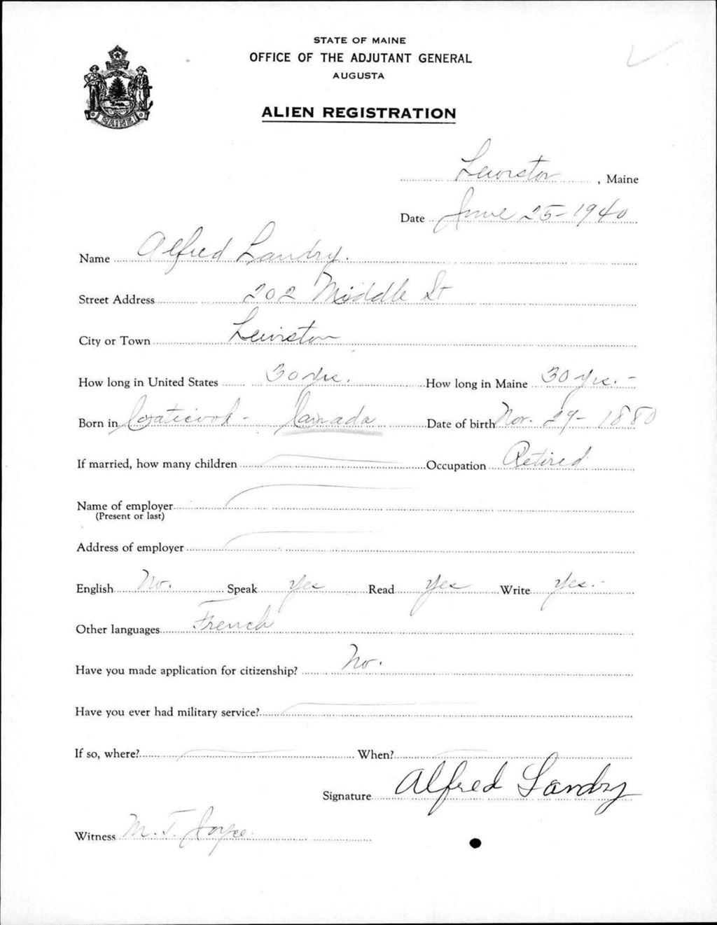 Miniature of Alien Registration- Landry, Alfred (Lewiston, Androscoggin County)