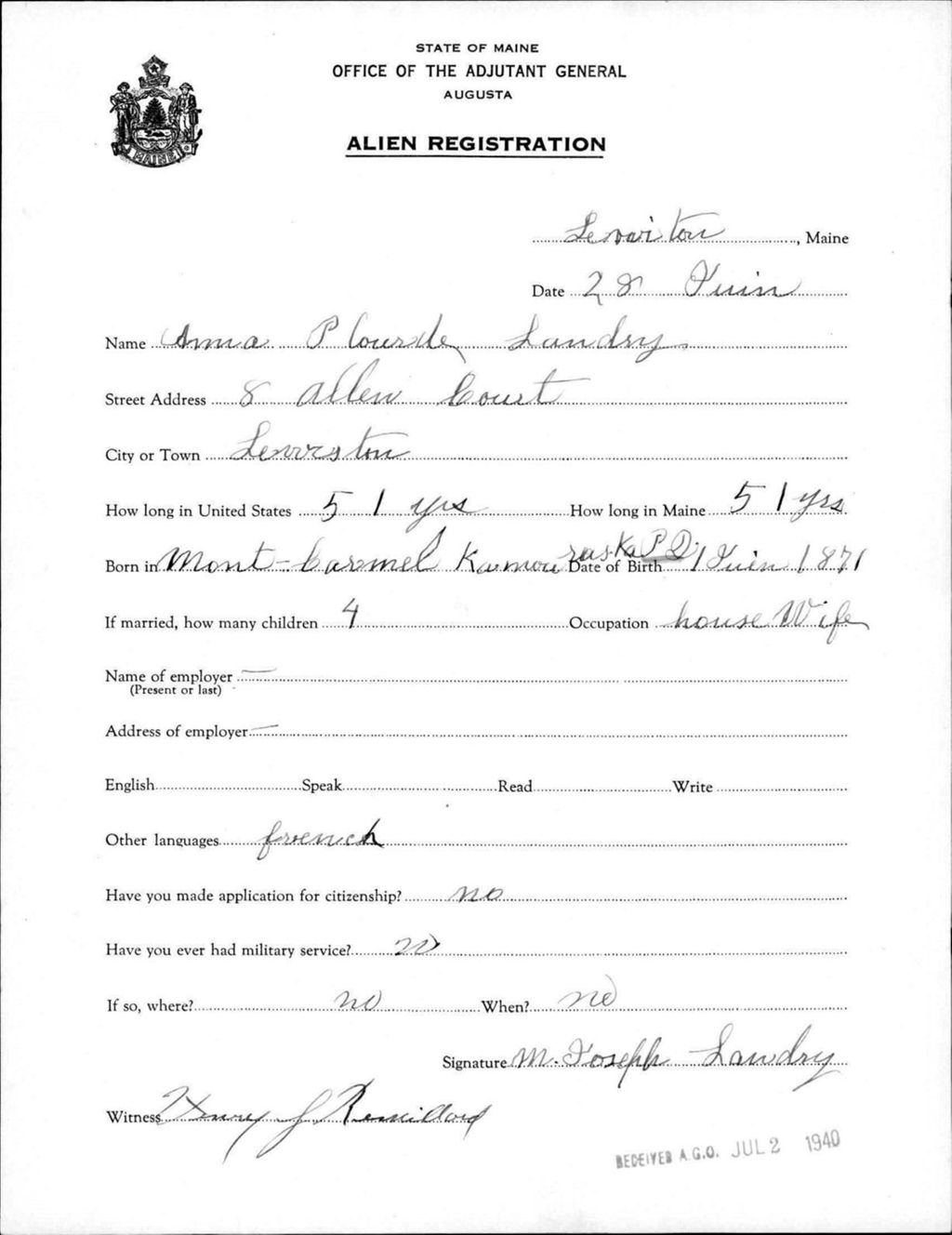 Miniature of Alien Registration- Plourde, Alma (Lewiston, Androscoggin County)