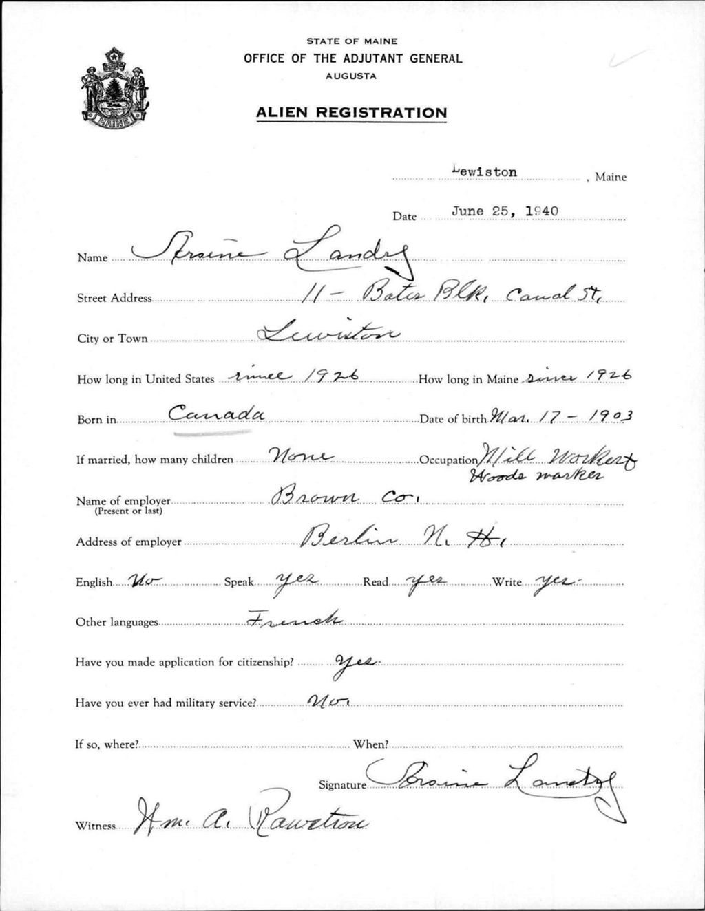 Miniature of Alien Registration- Landry, Arsine (Lewiston, Androscoggin County)