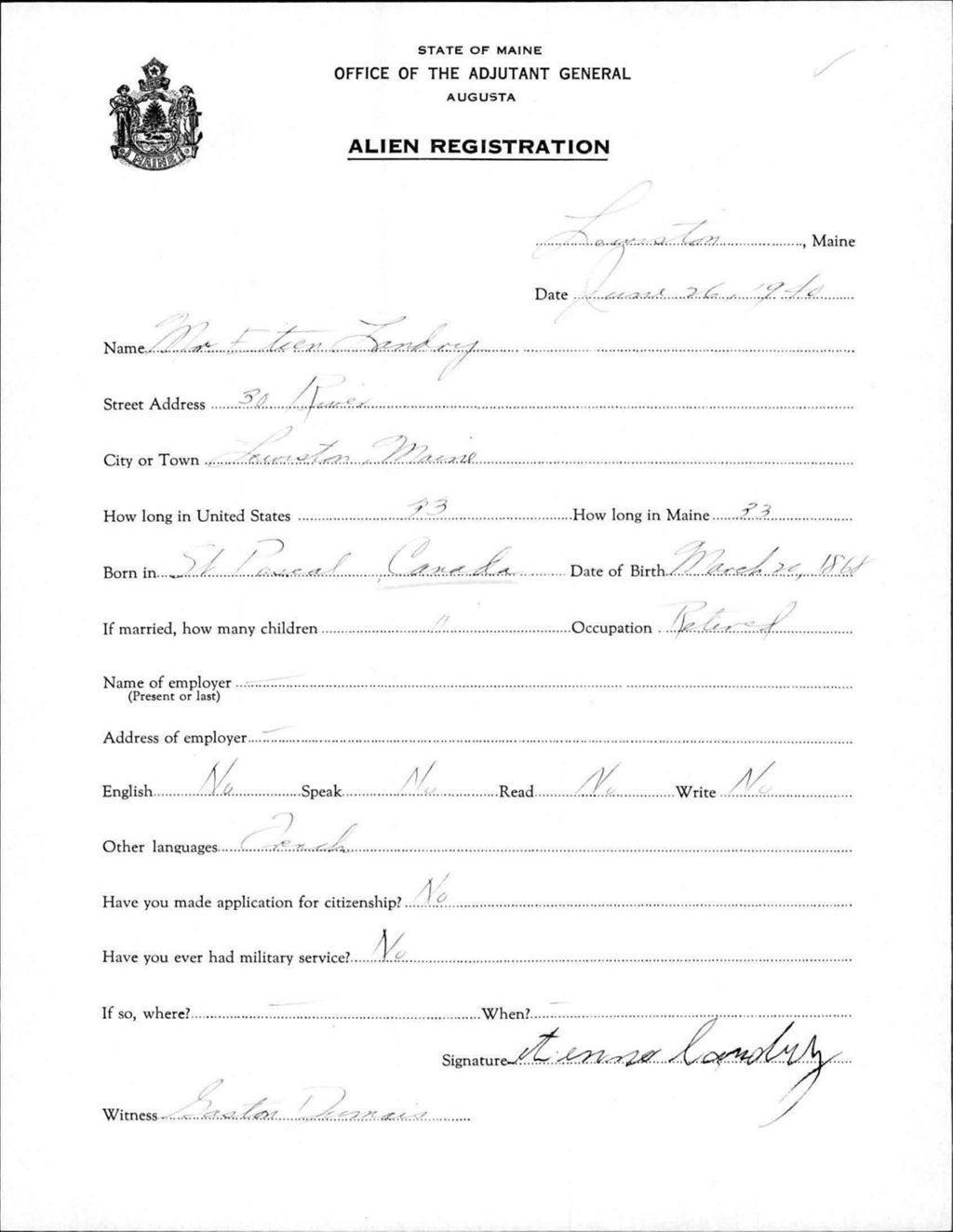 Miniature of Alien Registration- Landry, Etien (Lewiston, Androscoggin County)