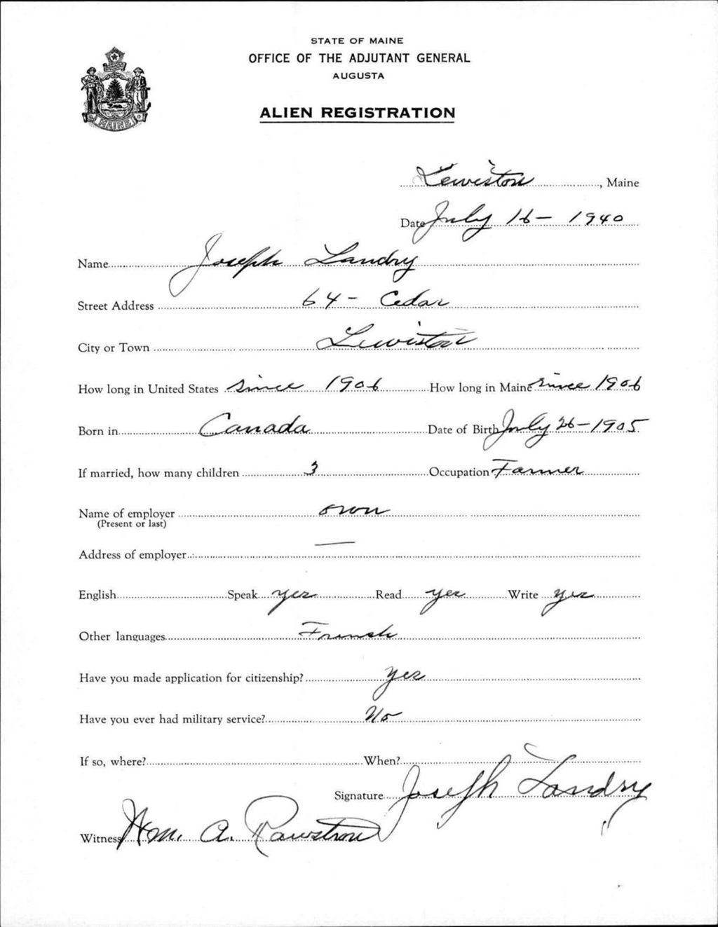 Miniature of Alien Registration- Landry, Joseph (Lewiston, Androscoggin County)
