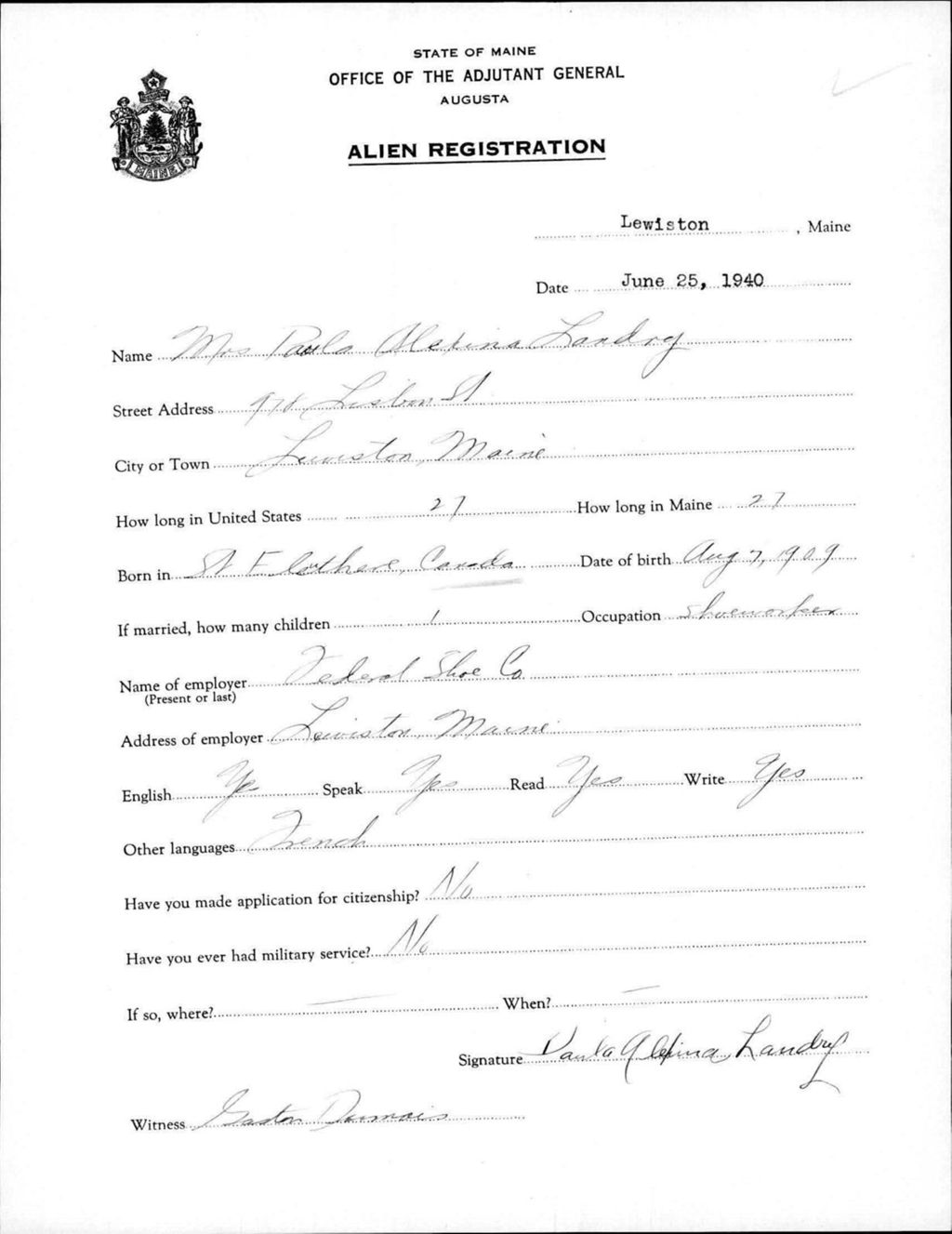 Miniature of Alien Registration- Landry, Paula A. (Lewiston, Androscoggin County)
