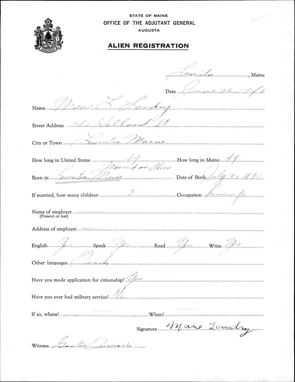 Miniature of Alien Registration- Landry, Marie L. (Lewiston, Androscoggin County)