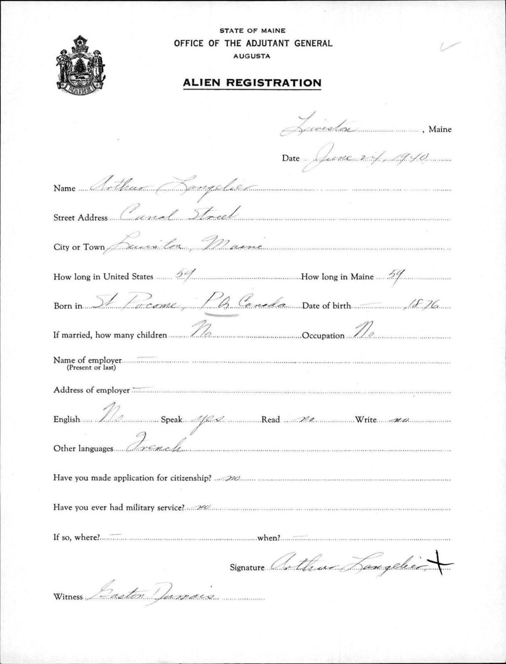 Miniature of Alien Registration- Langelier, Arthur (Lewiston, Androscoggin County)