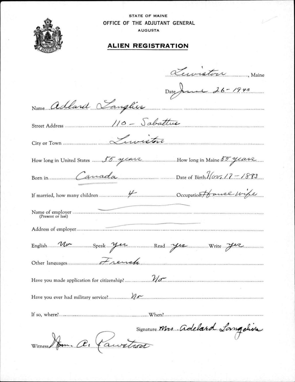 Miniature of Alien Registration- Langlier, Adelard (Lewiston, Androscoggin County)