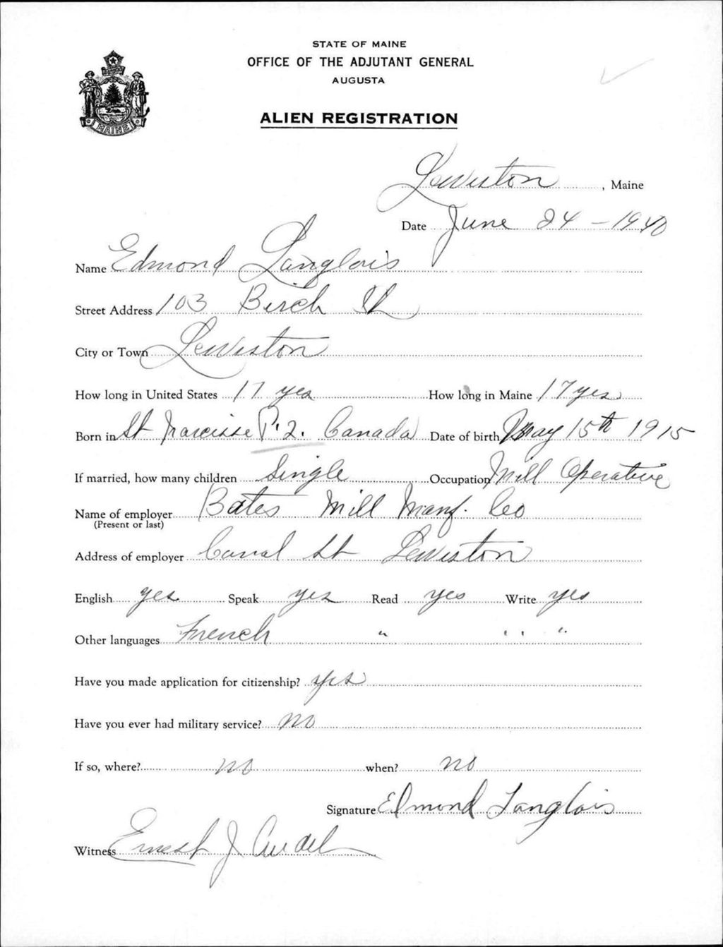 Miniature of Alien Registration- Langloris, Edmond (Lewiston, Androscoggin County)