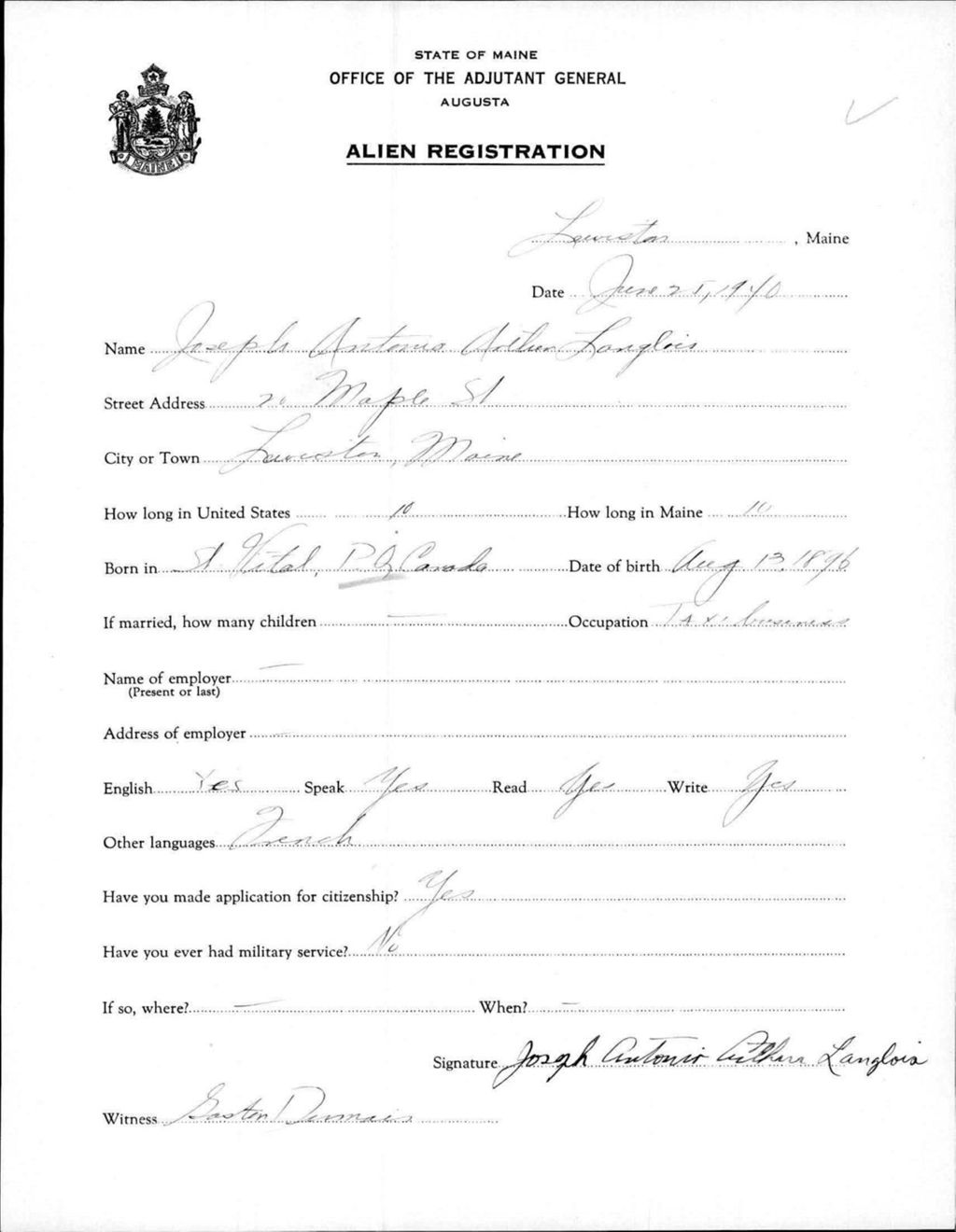 Miniature of Alien Registration- Langlois, Joseph Antonio A. (Lewiston, Androscoggin County)