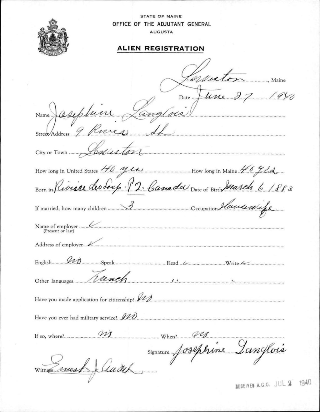 Miniature of Alien Registration- Langlois, Josephine (Lewiston, Androscoggin County)