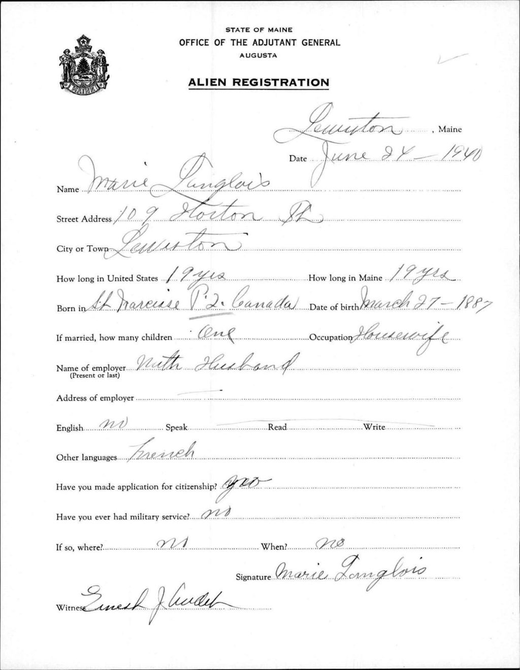 Miniature of Alien Registration- Langlois, Marie (Lewiston, Androscoggin County)