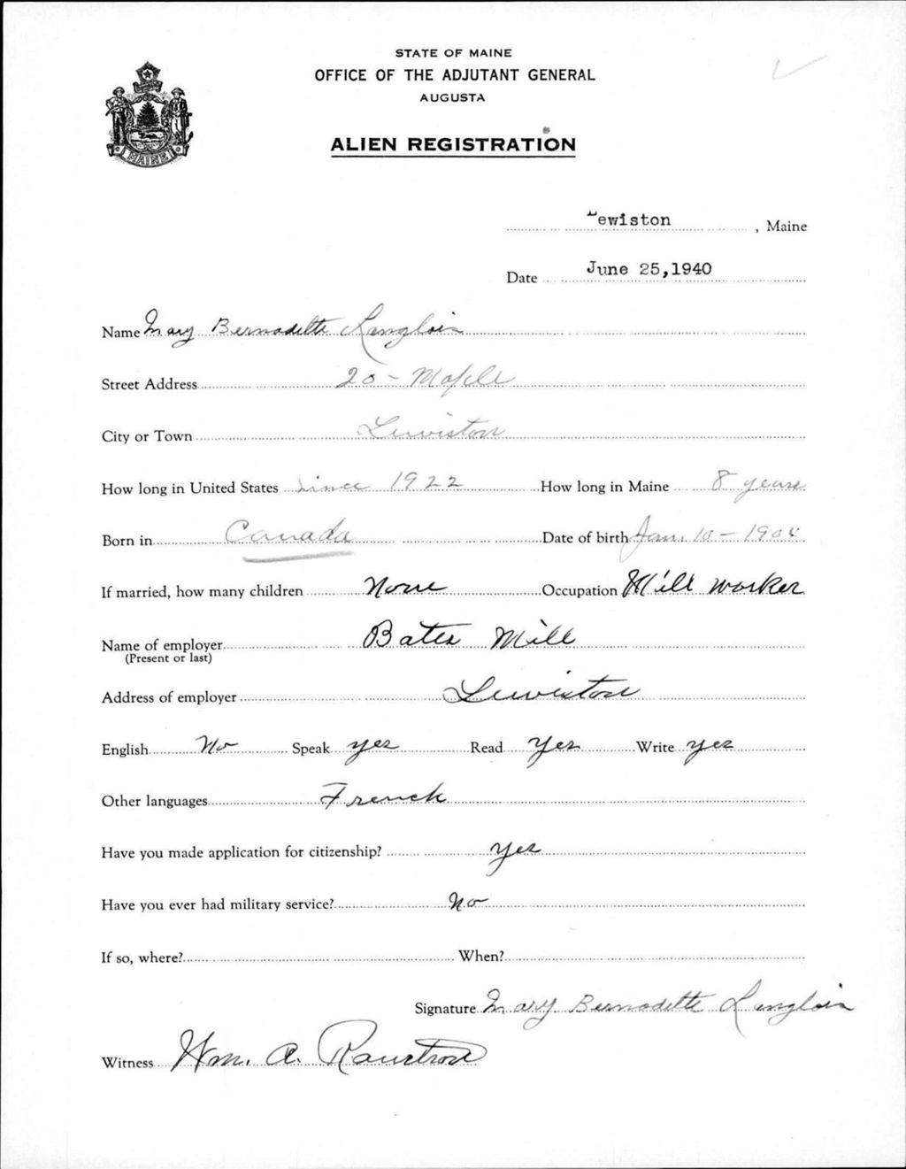 Miniature of Alien Registration- Langlois, Mary B. (Lewiston, Androscoggin County)
