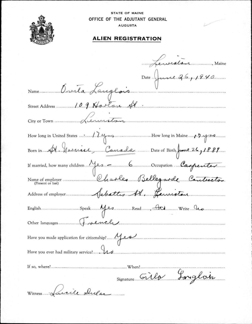 Miniature of Alien Registration- Langlois, Ovita (Lewiston, Androscoggin County)