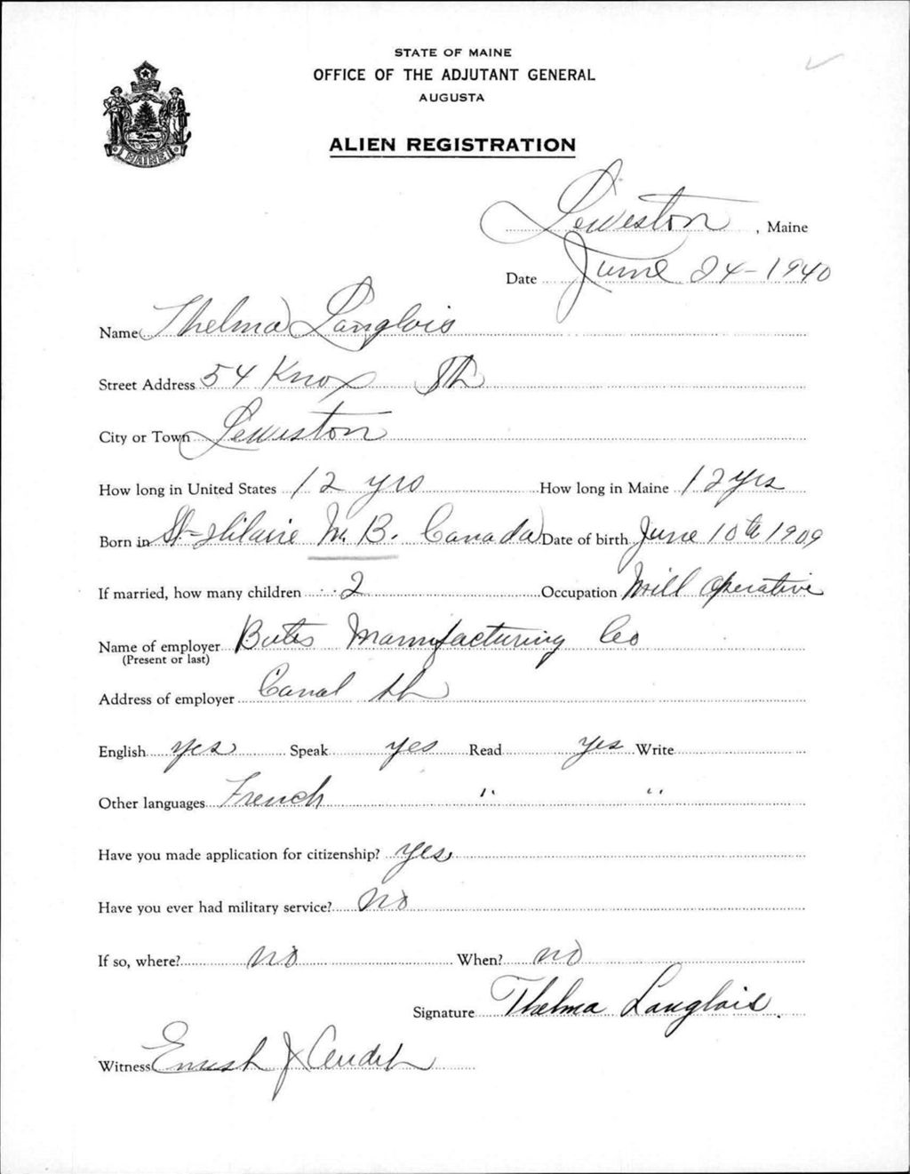 Miniature of Alien Registration- Langlois, Thelma (Lewiston, Androscoggin County)