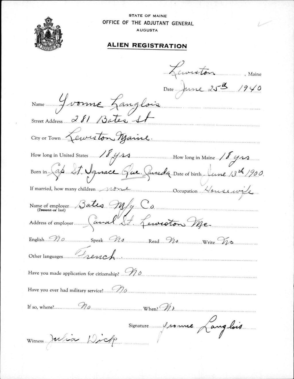 Miniature of Alien Registration- Langlois, Yvonne (Lewiston, Androscoggin County)