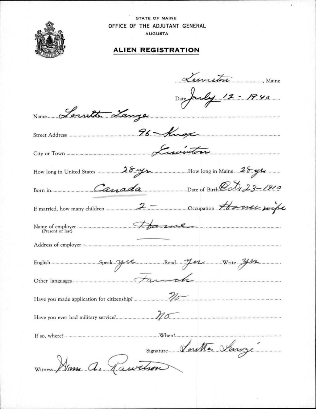 Miniature of Alien Registration- Lanze, Lorretta (Lewiston, Androscoggin County)