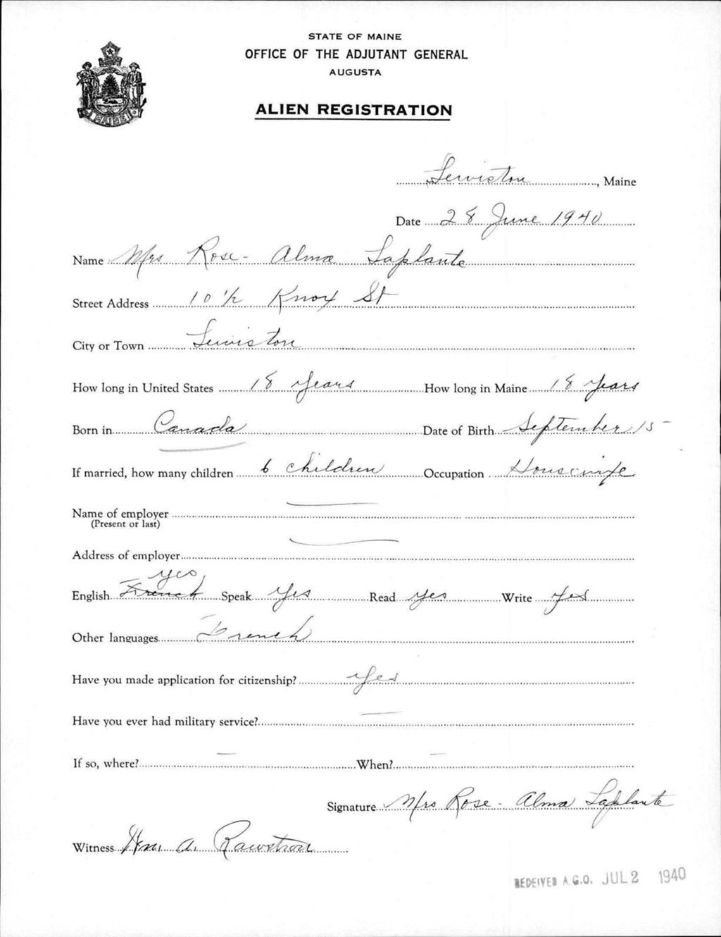 Miniature of Alien Registration- Laplante, Rose-Alma (Lewiston, Androscoggin County)