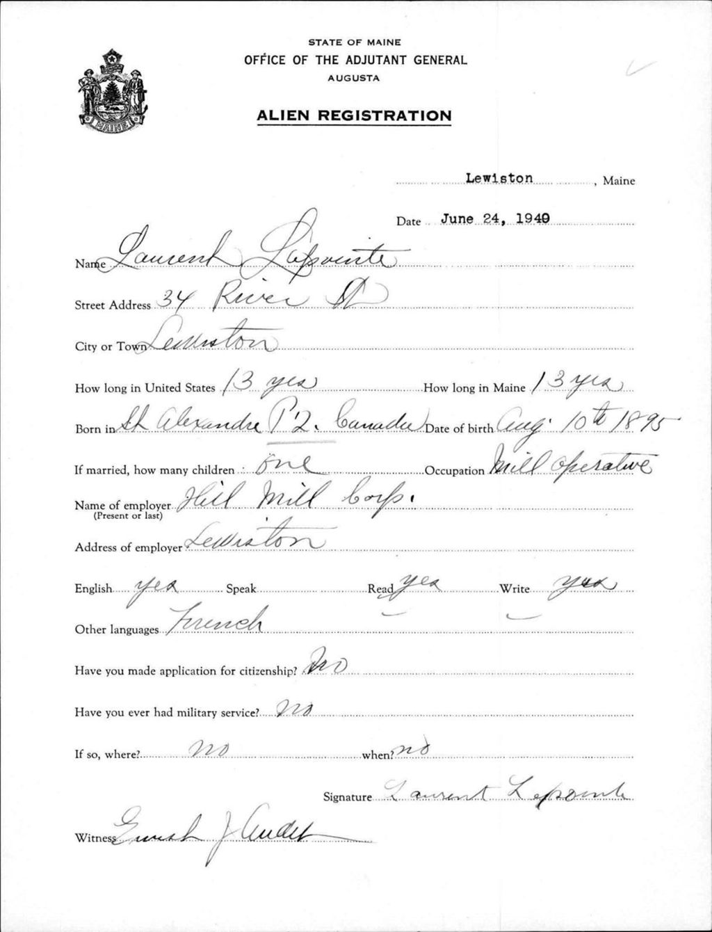 Miniature of Alien Registration- Lapointe, Laurent (Lewiston, Androscoggin County)