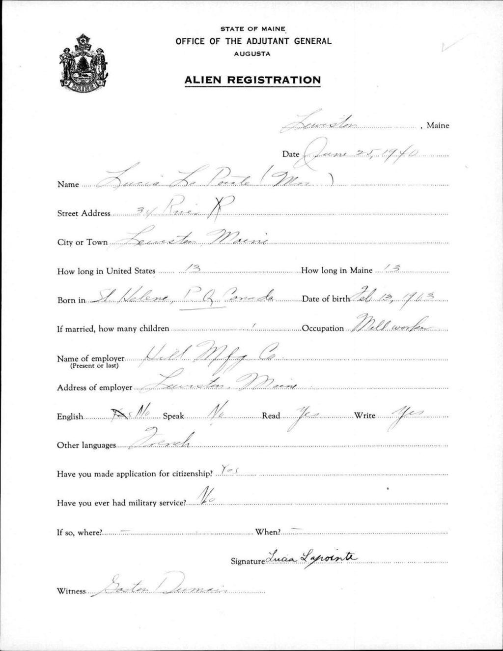 Miniature of Alien Registration- Lapointe, Lucia (Lewiston, Androscoggin County)