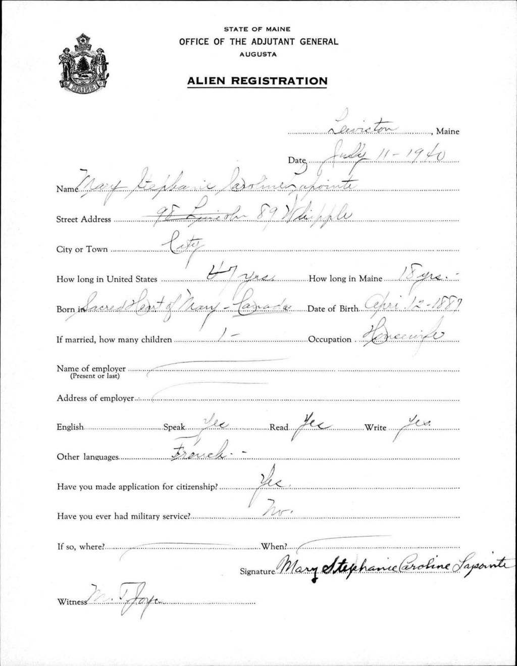 Miniature of Alien Registration- Lapointe, Mary Stephanie C. (Lewiston, Androscoggin County)