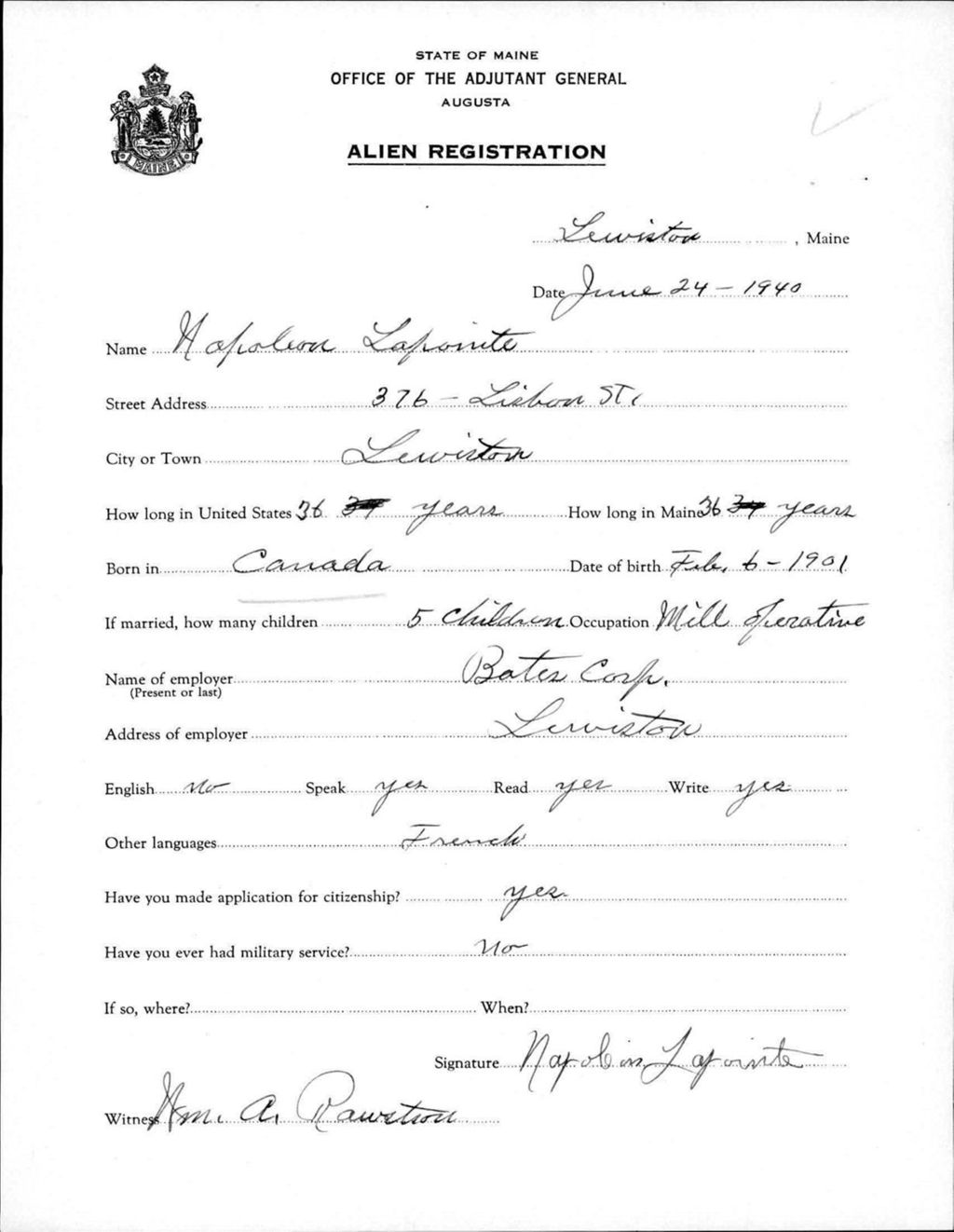 Miniature of Alien Registration- Lapointe, Napoleon (Lewiston, Androscoggin County)