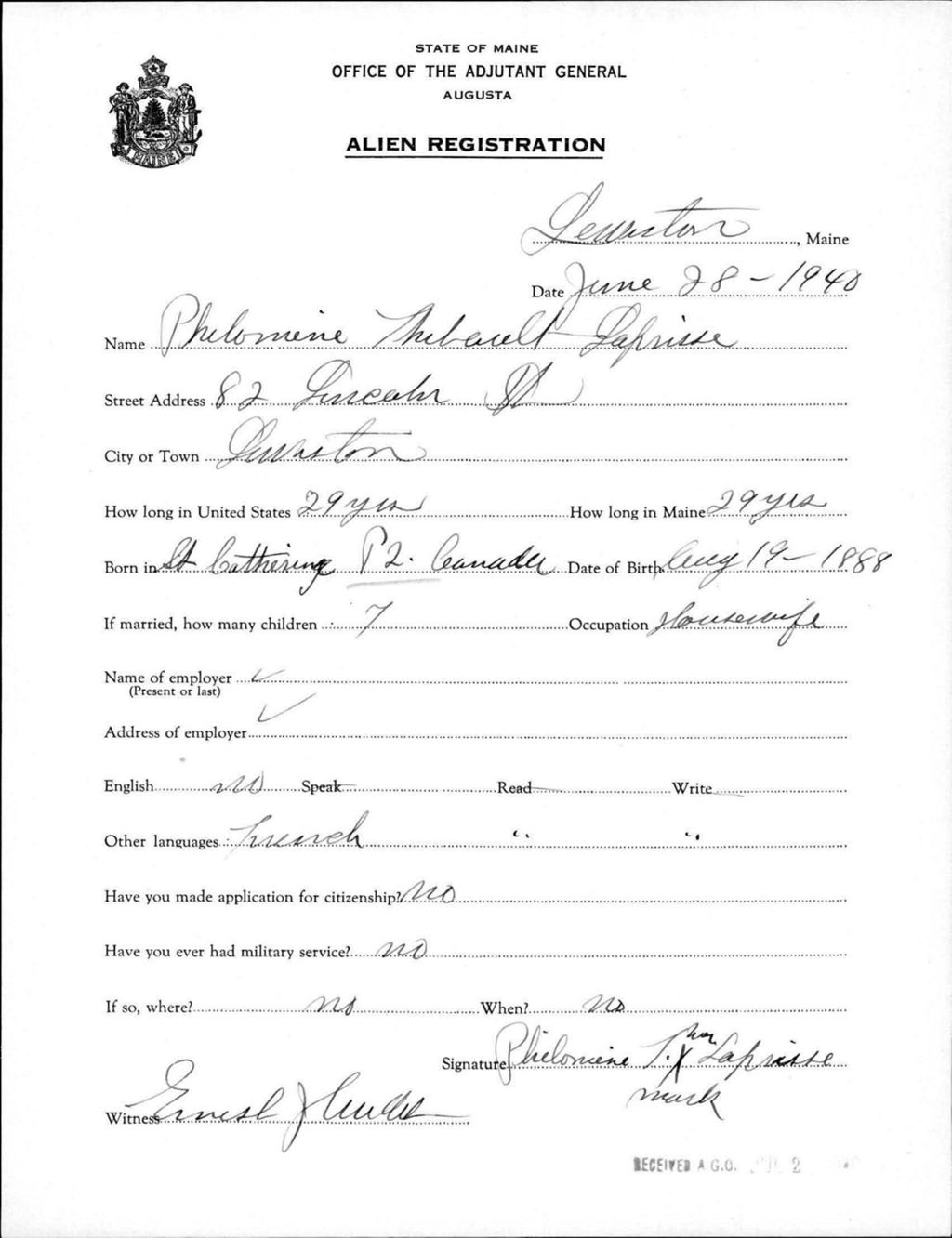 Miniature of Alien Registration- Thibault, Philomine (Lewiston, Androscoggin County)