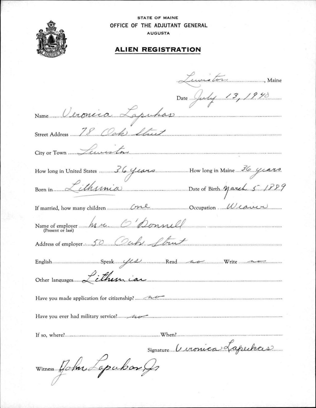 Miniature of Alien Registration- Lapukas, Veronica (Lewiston, Androscoggin County)