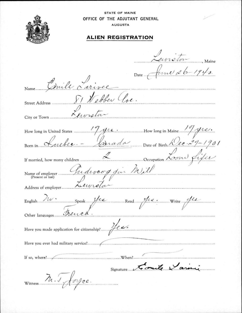 Miniature of Alien Registration- Larivee, Emile (Lewiston, Androscoggin County)
