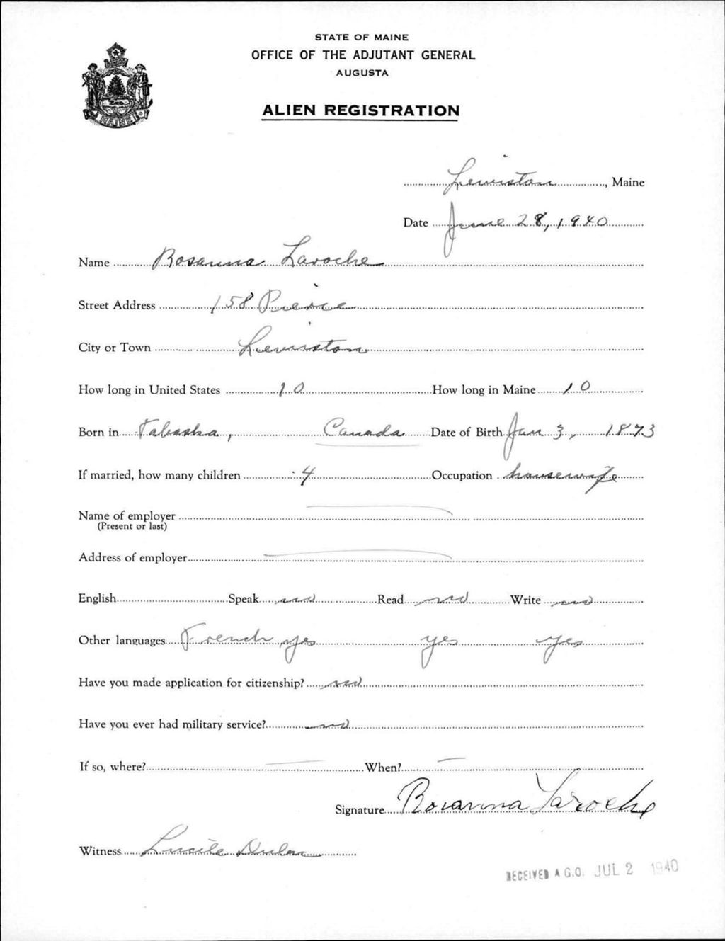 Miniature of Alien Registration- Laroche, Rosanna (Lewiston, Androscoggin County)